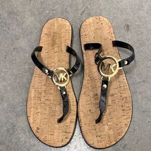 Michael Kors Black and Gold Logo Sandals